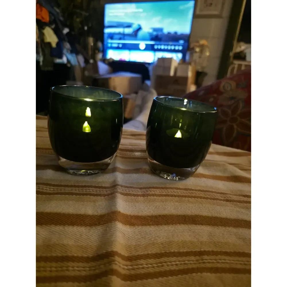 Pair of Glassybaby Thoughtful Hand-Blown Glass Votive Candle Holders Triskelion